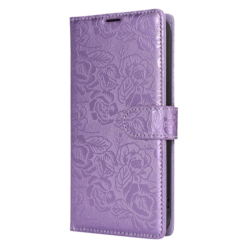 For iPhone 16 Plus Case with Hand Strap Flower Imprint Leather Wallet Phone Cover - Purple