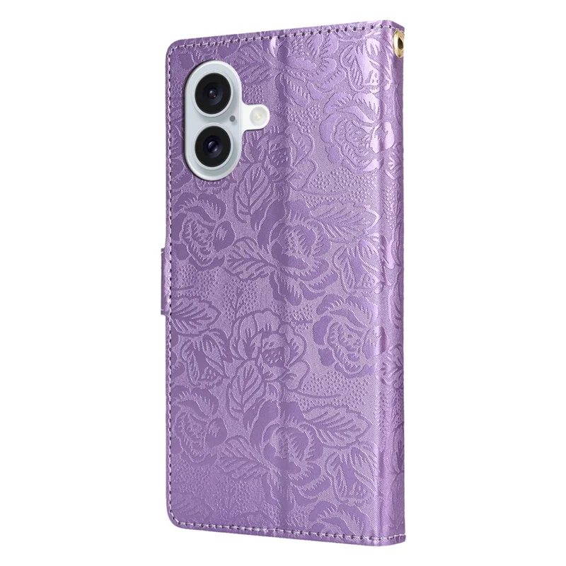 For iPhone 16 Plus Case with Hand Strap Flower Imprint Leather Wallet Phone Cover - Purple
