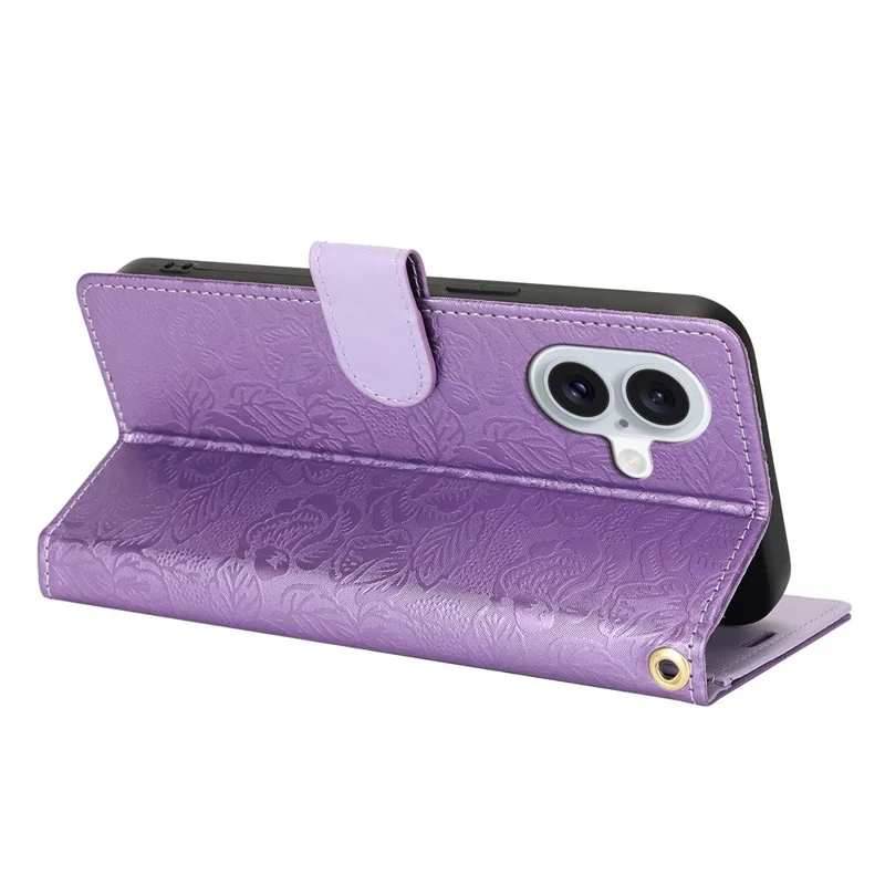 For iPhone 16 Plus Case with Hand Strap Flower Imprint Leather Wallet Phone Cover - Purple