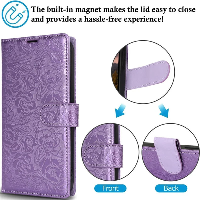 For iPhone 16 Plus Case with Hand Strap Flower Imprint Leather Wallet Phone Cover - Purple