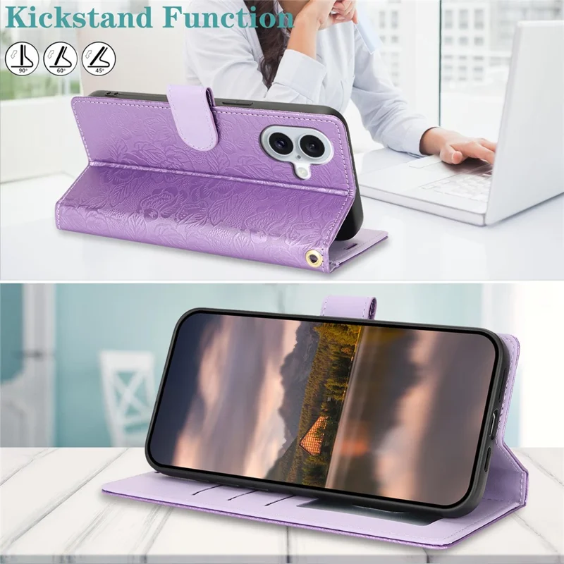 For iPhone 16 Plus Case with Hand Strap Flower Imprint Leather Wallet Phone Cover - Purple