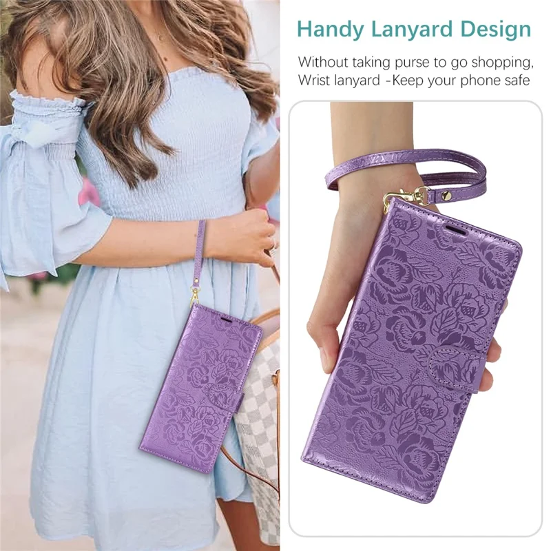 For iPhone 16 Plus Case with Hand Strap Flower Imprint Leather Wallet Phone Cover - Purple