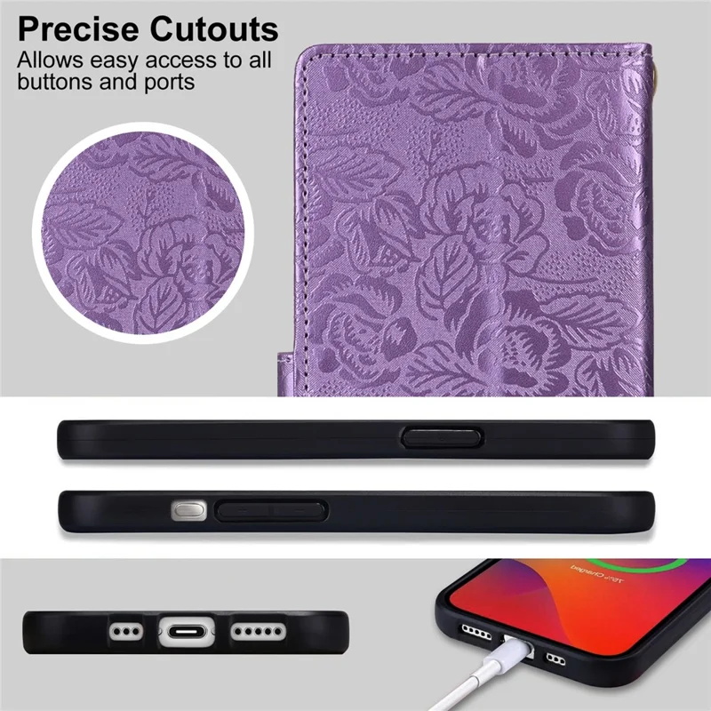 For iPhone 16 Plus Case with Hand Strap Flower Imprint Leather Wallet Phone Cover - Purple