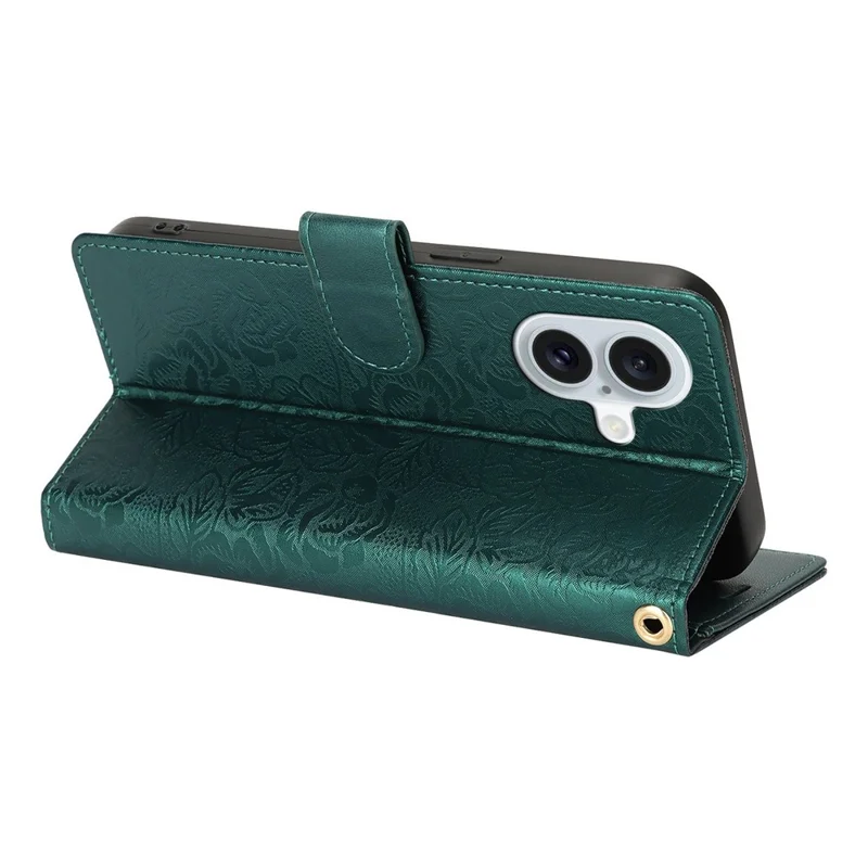 For iPhone 16 Case with Hand Strap Flower Imprint Leather Wallet Phone Cover - Green