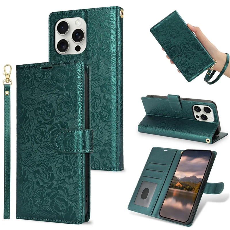 For iPhone 15 Pro Max Case with Hand Strap Flower Imprint Leather Wallet Phone Cover - Green