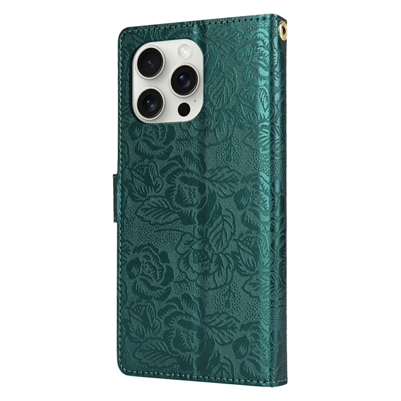 For iPhone 15 Pro Max Case with Hand Strap Flower Imprint Leather Wallet Phone Cover - Green
