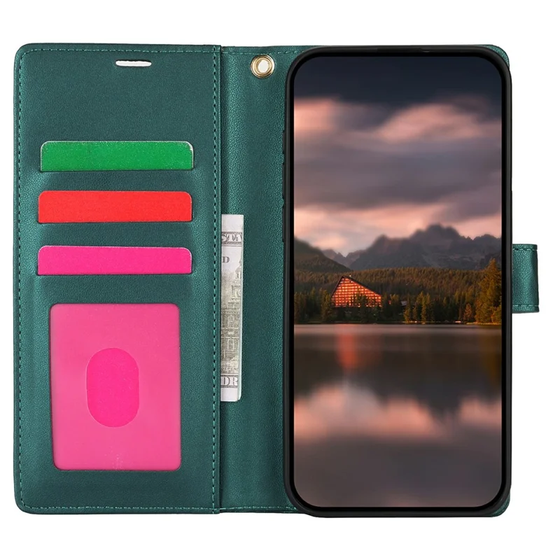 For iPhone 15 Pro Max Case with Hand Strap Flower Imprint Leather Wallet Phone Cover - Green