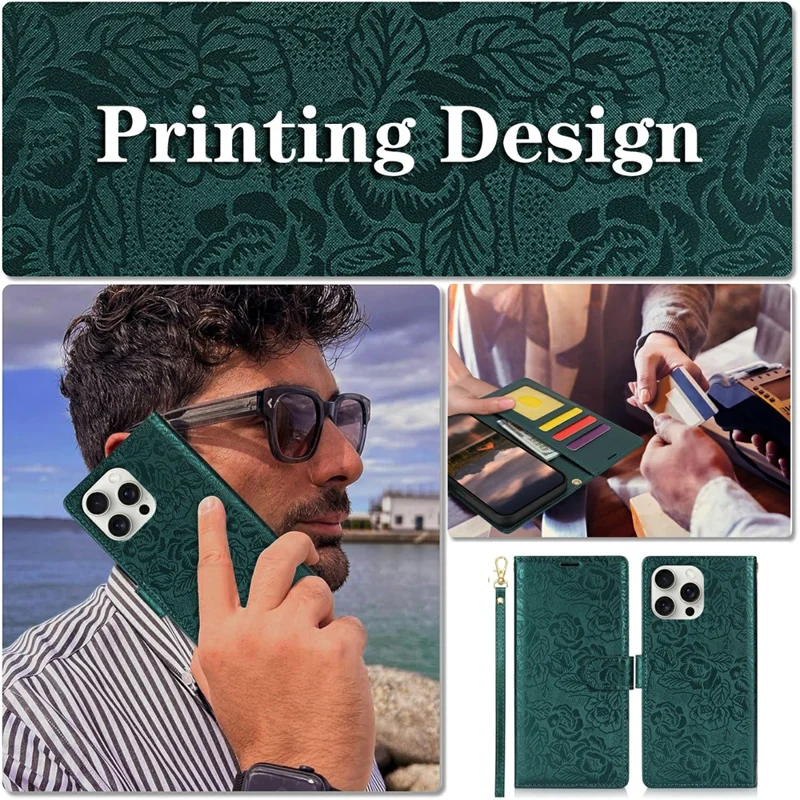 For iPhone 15 Pro Max Case with Hand Strap Flower Imprint Leather Wallet Phone Cover - Green