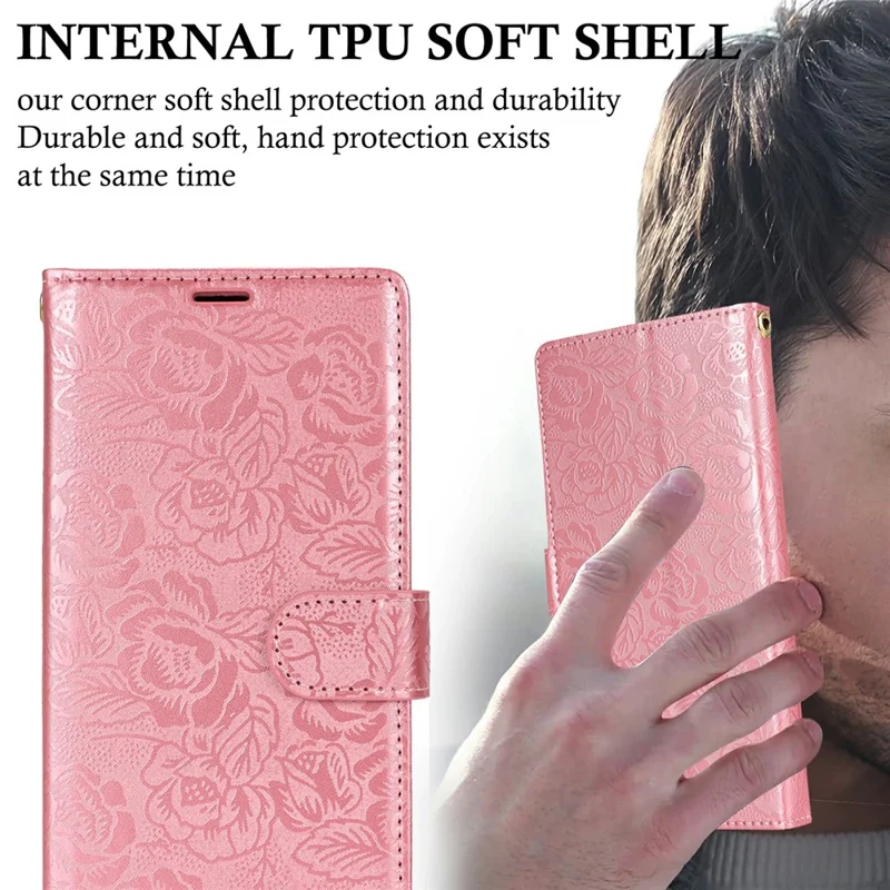 For iPhone 15 Pro Max Case with Hand Strap Flower Imprint Leather Wallet Phone Cover - Rose Gold