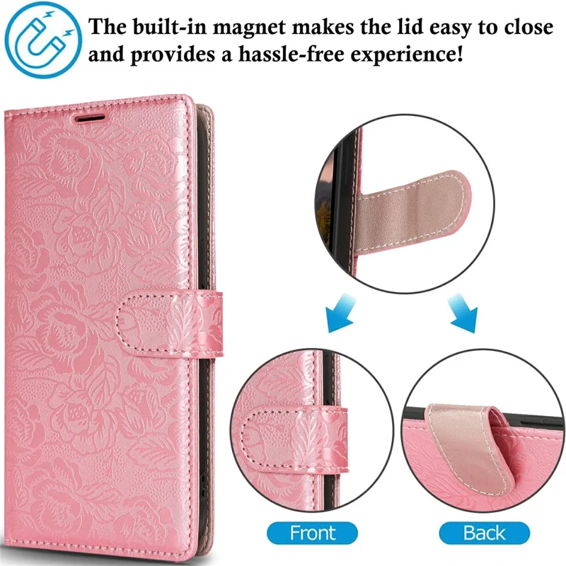 For iPhone 15 Pro Max Case with Hand Strap Flower Imprint Leather Wallet Phone Cover - Rose Gold