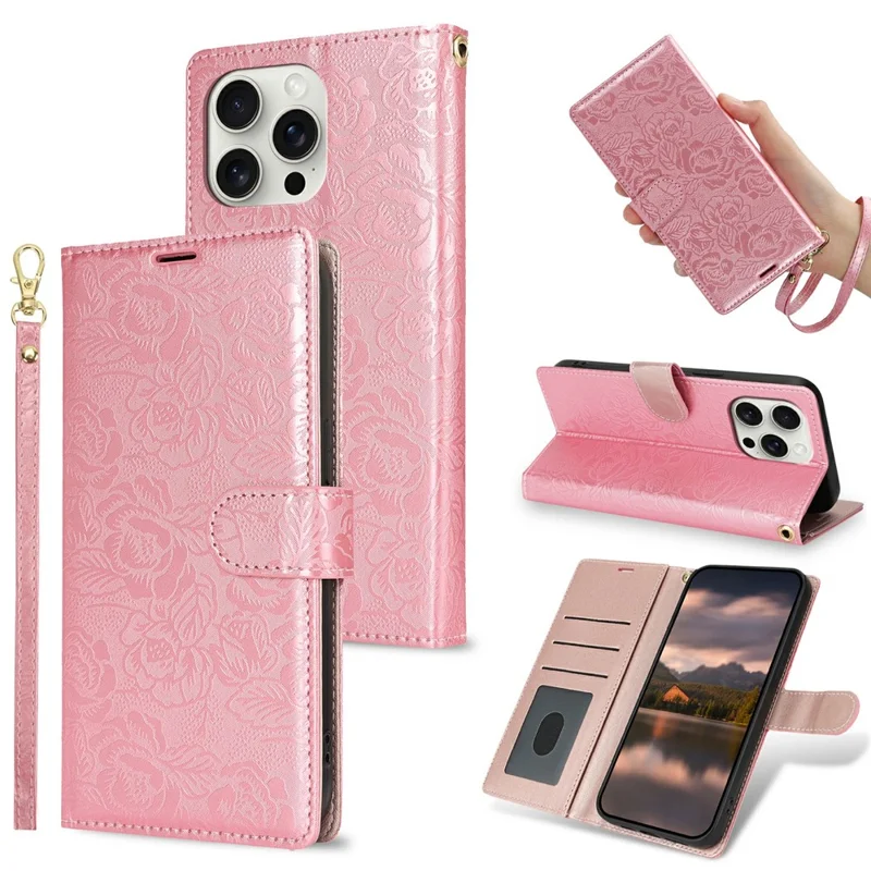 For iPhone 15 Pro Max Case with Hand Strap Flower Imprint Leather Wallet Phone Cover - Rose Gold