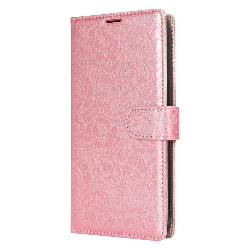 For iPhone 15 Pro Max Case with Hand Strap Flower Imprint Leather Wallet Phone Cover - Rose Gold