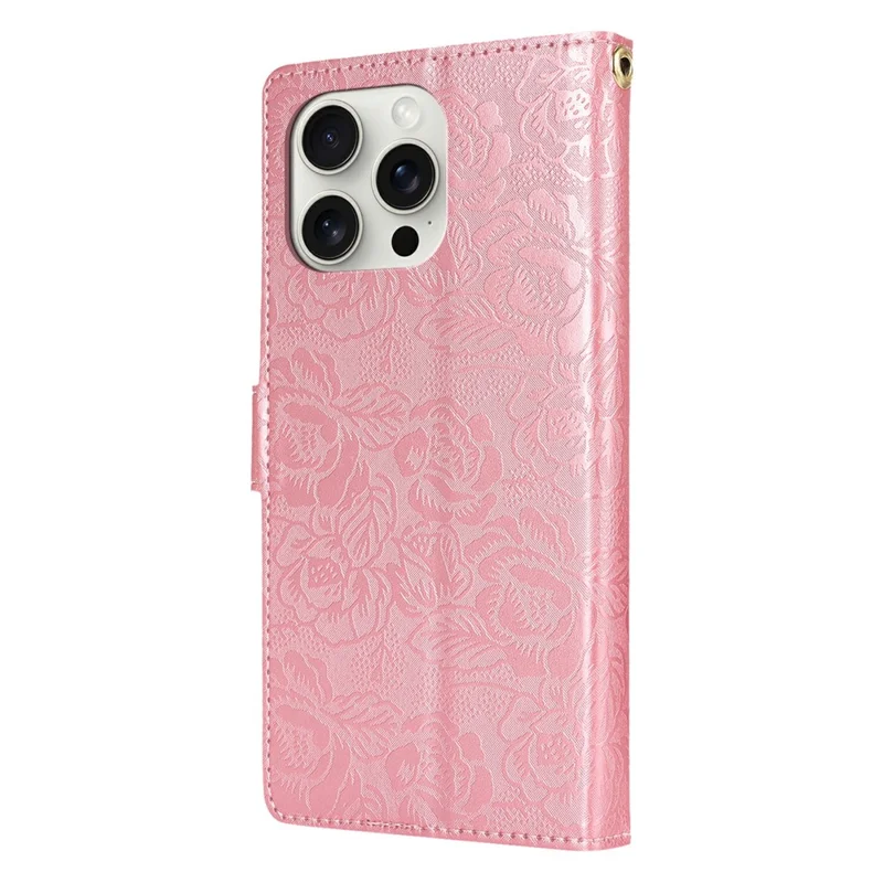 For iPhone 15 Pro Max Case with Hand Strap Flower Imprint Leather Wallet Phone Cover - Rose Gold