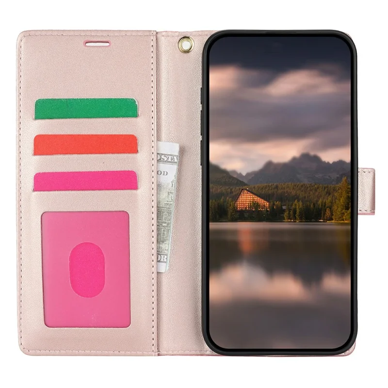 For iPhone 15 Pro Max Case with Hand Strap Flower Imprint Leather Wallet Phone Cover - Rose Gold