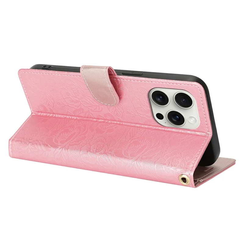 For iPhone 15 Pro Max Case with Hand Strap Flower Imprint Leather Wallet Phone Cover - Rose Gold