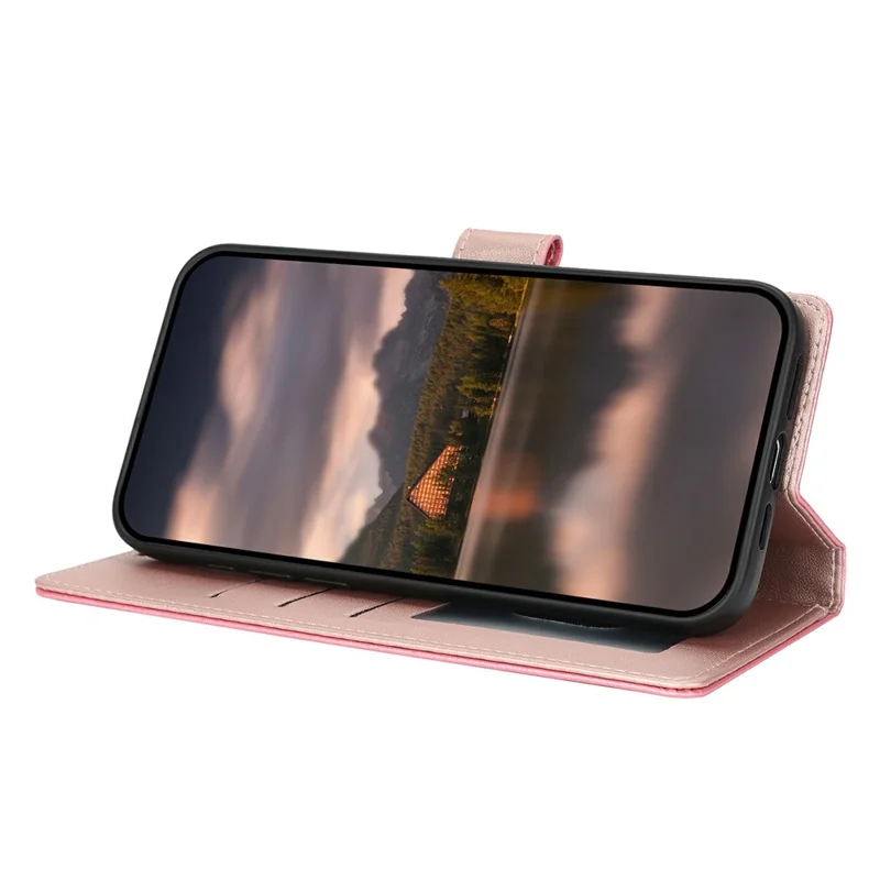 For iPhone 15 Pro Max Case with Hand Strap Flower Imprint Leather Wallet Phone Cover - Rose Gold