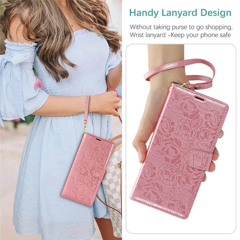 For iPhone 15 Pro Max Case with Hand Strap Flower Imprint Leather Wallet Phone Cover - Rose Gold