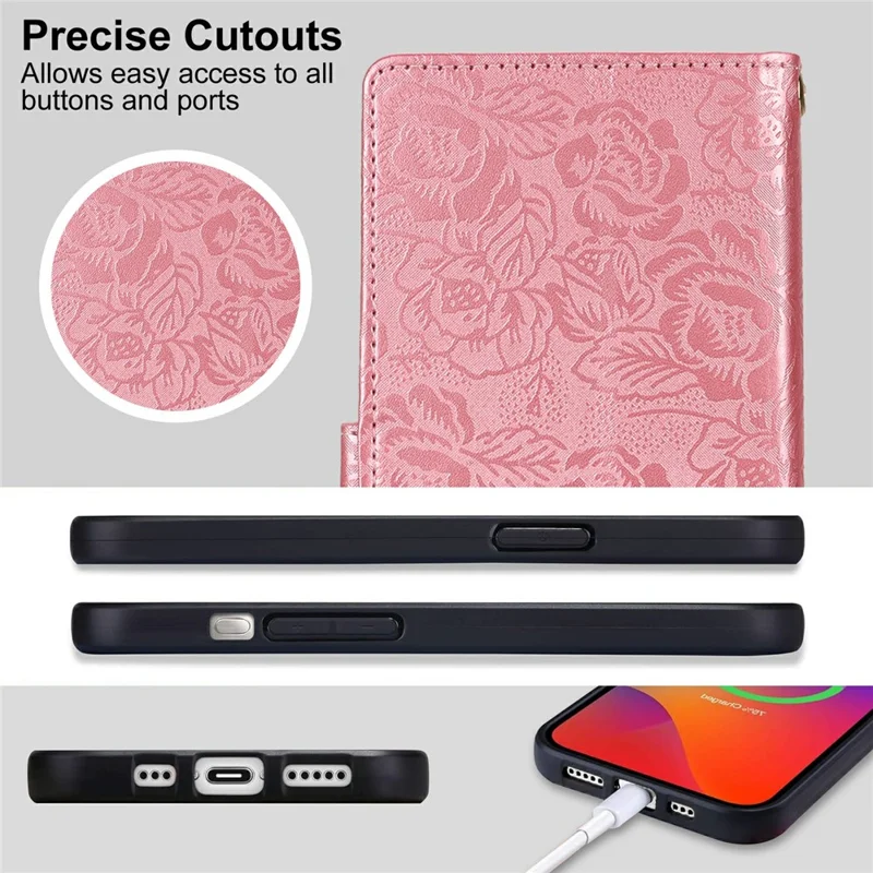 For iPhone 15 Pro Max Case with Hand Strap Flower Imprint Leather Wallet Phone Cover - Rose Gold