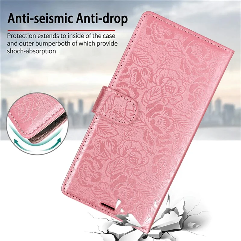 For iPhone 15 Pro Max Case with Hand Strap Flower Imprint Leather Wallet Phone Cover - Rose Gold
