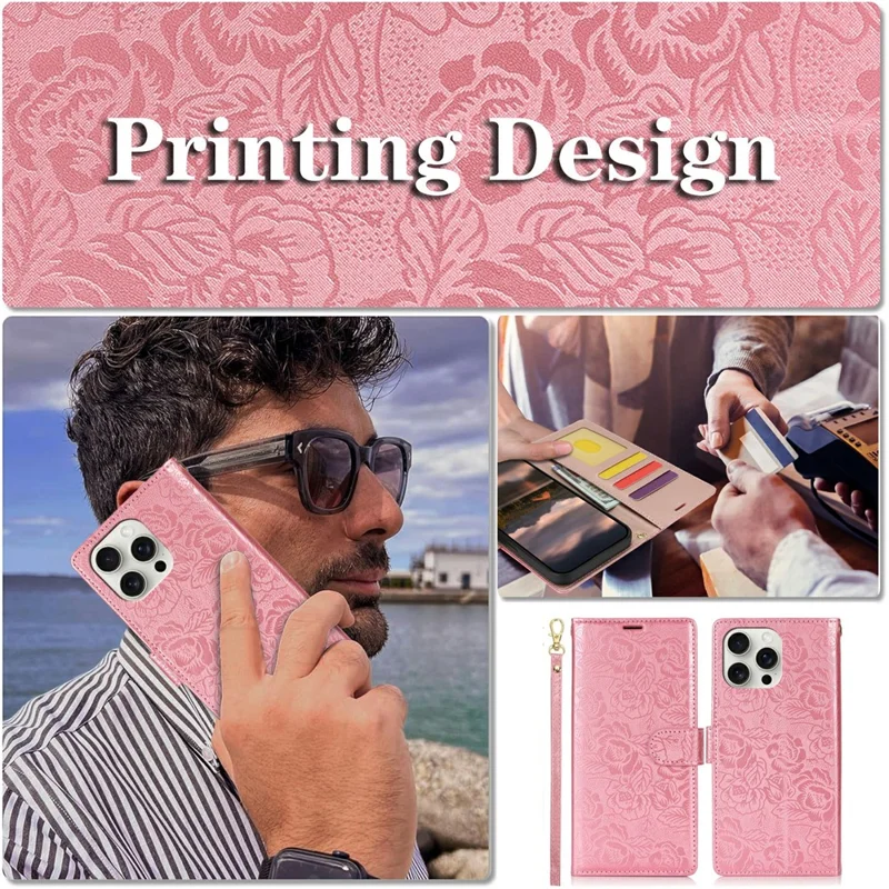 For iPhone 15 Pro Max Case with Hand Strap Flower Imprint Leather Wallet Phone Cover - Rose Gold