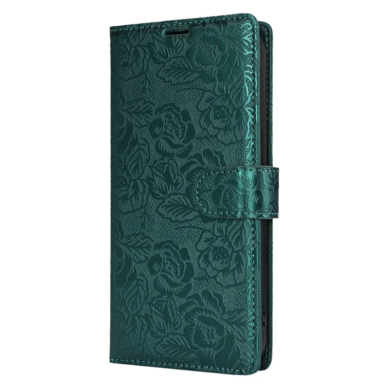 For iPhone 15 Pro Case with Hand Strap Flower Imprint Leather Wallet Phone Cover - Green