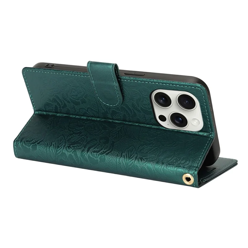 For iPhone 15 Pro Case with Hand Strap Flower Imprint Leather Wallet Phone Cover - Green