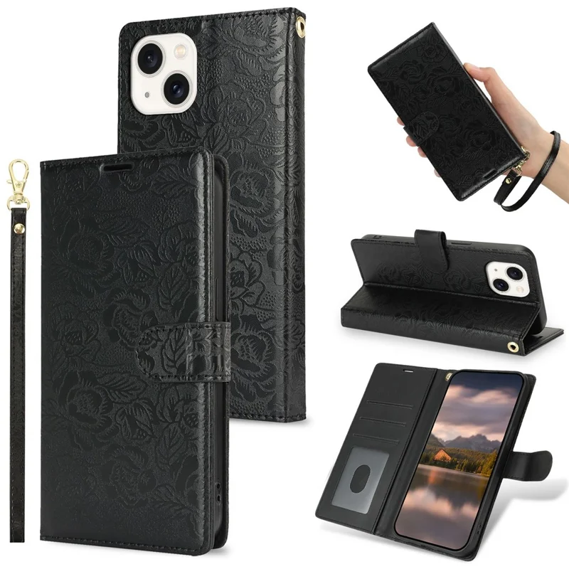 For iPhone 15 Plus / 14 Plus Case with Hand Strap Flower Imprint Leather Wallet Phone Cover - Black