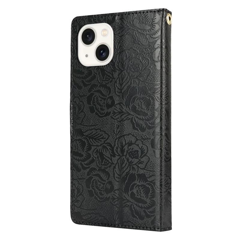 For iPhone 15 Plus / 14 Plus Case with Hand Strap Flower Imprint Leather Wallet Phone Cover - Black