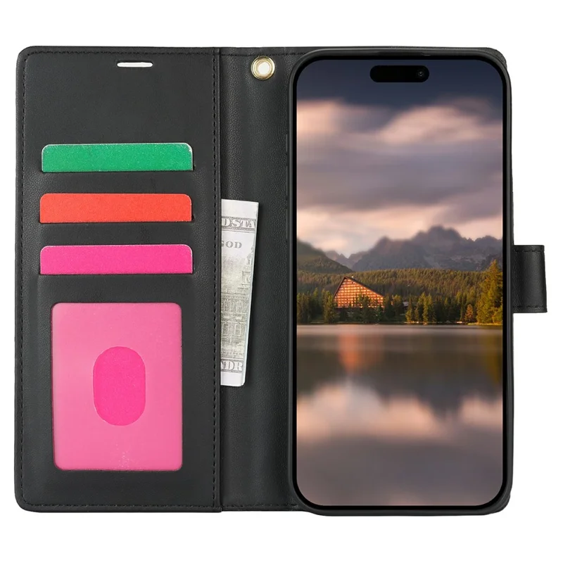 For iPhone 15 Plus / 14 Plus Case with Hand Strap Flower Imprint Leather Wallet Phone Cover - Black