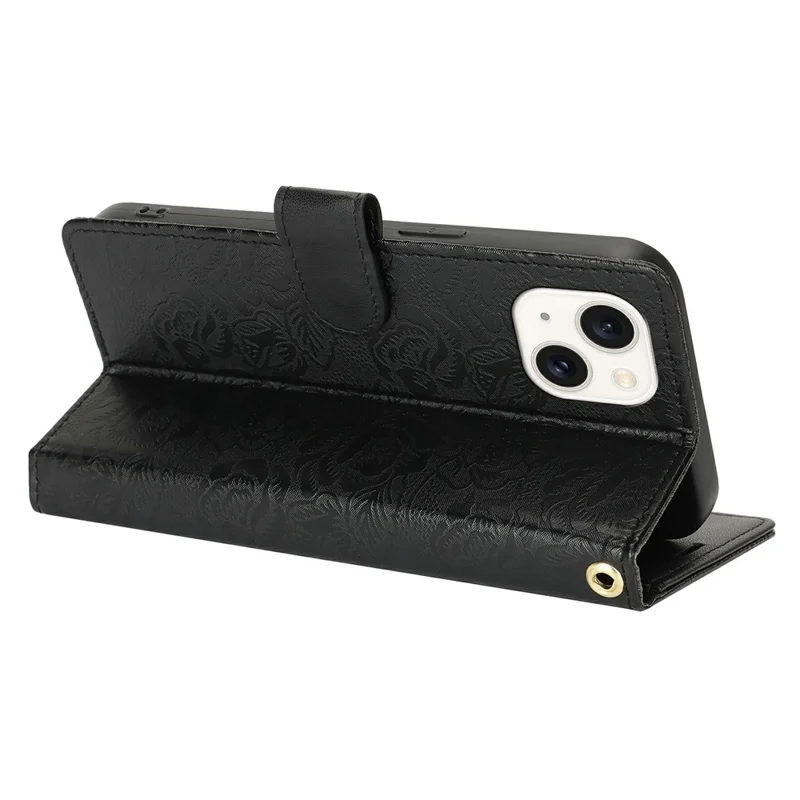 For iPhone 15 Plus / 14 Plus Case with Hand Strap Flower Imprint Leather Wallet Phone Cover - Black