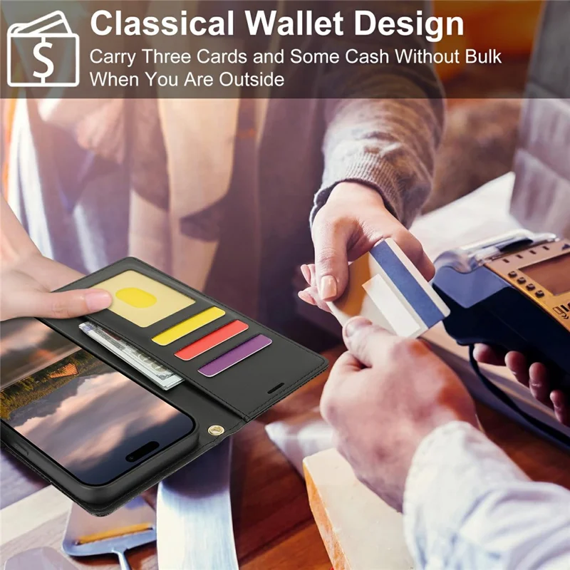 For iPhone 15 Plus / 14 Plus Case with Hand Strap Flower Imprint Leather Wallet Phone Cover - Black