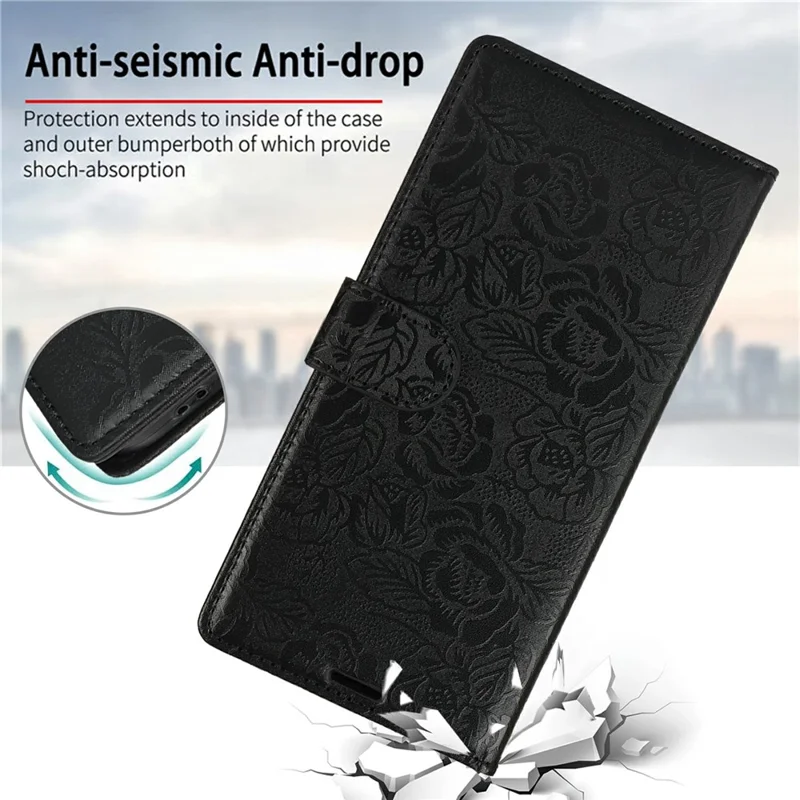 For iPhone 15 Plus / 14 Plus Case with Hand Strap Flower Imprint Leather Wallet Phone Cover - Black