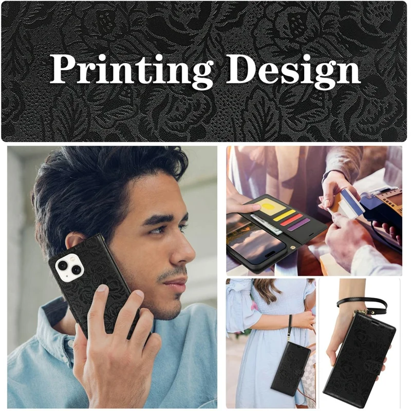 For iPhone 15 Plus / 14 Plus Case with Hand Strap Flower Imprint Leather Wallet Phone Cover - Black