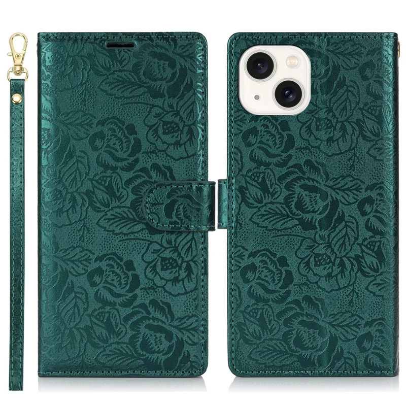 For iPhone 15 Case with Hand Strap Flower Imprint Leather Wallet Phone Cover - Green