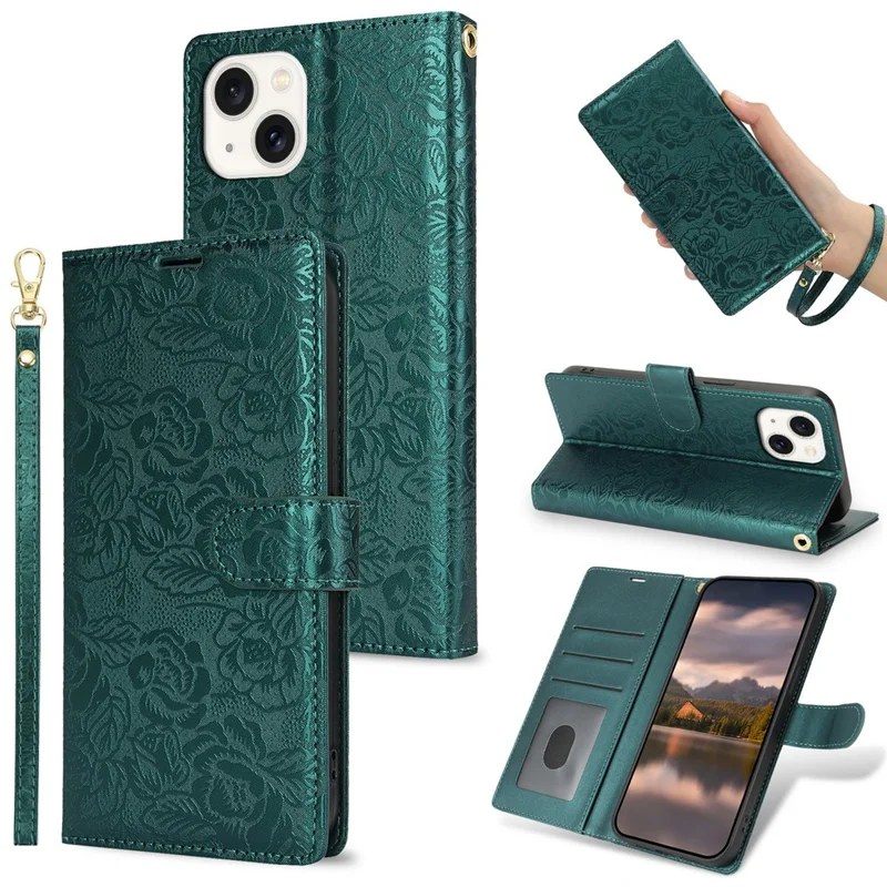 For iPhone 15 Case with Hand Strap Flower Imprint Leather Wallet Phone Cover - Green