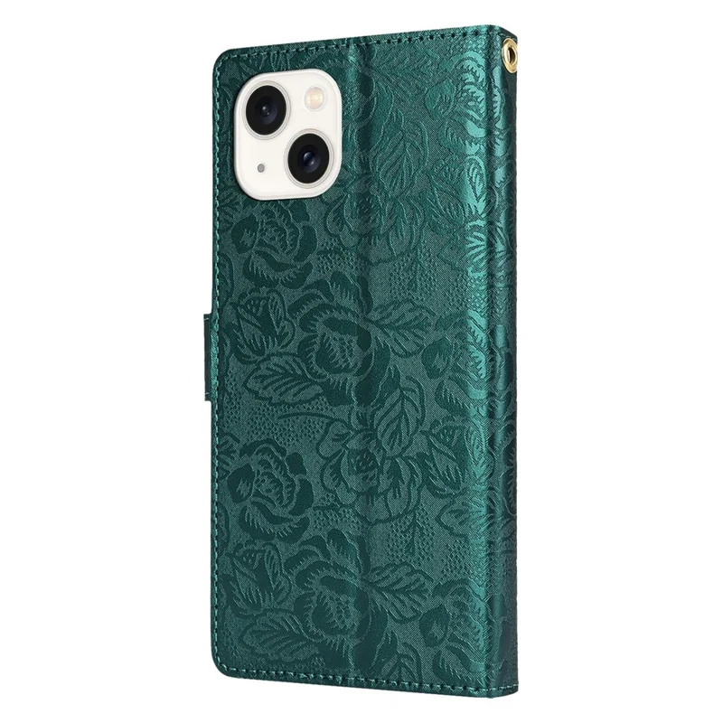 For iPhone 15 Case with Hand Strap Flower Imprint Leather Wallet Phone Cover - Green