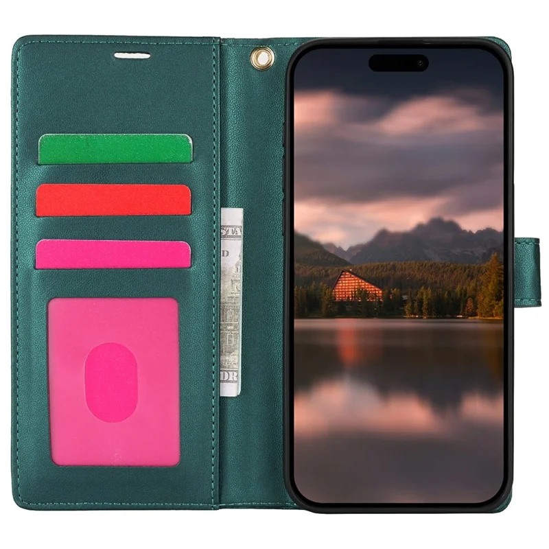 For iPhone 15 Case with Hand Strap Flower Imprint Leather Wallet Phone Cover - Green