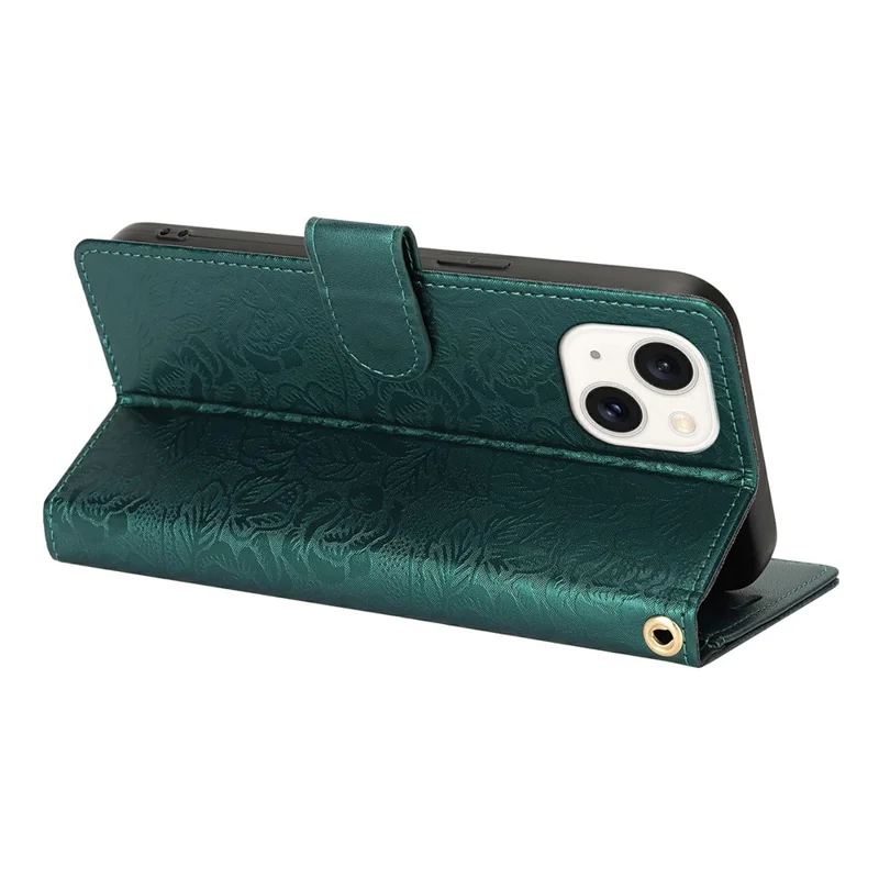 For iPhone 15 Case with Hand Strap Flower Imprint Leather Wallet Phone Cover - Green