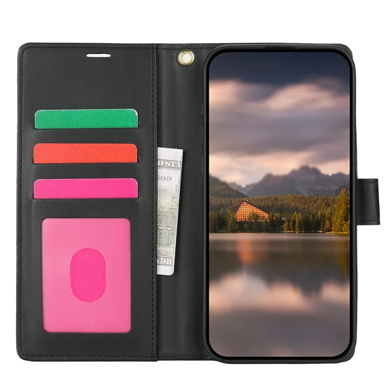 For iPhone 14 Pro Max Case with Hand Strap Flower Imprint Leather Wallet Phone Cover - Black