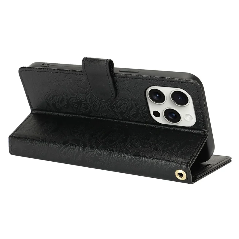 For iPhone 14 Pro Max Case with Hand Strap Flower Imprint Leather Wallet Phone Cover - Black