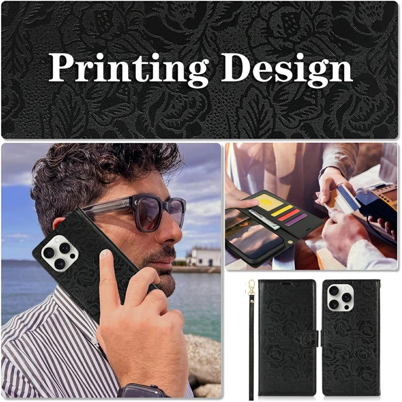 For iPhone 14 Pro Max Case with Hand Strap Flower Imprint Leather Wallet Phone Cover - Black