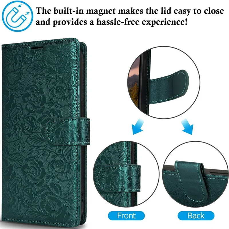 For iPhone 14 Pro Case with Hand Strap Flower Imprint Leather Wallet Phone Cover - Green