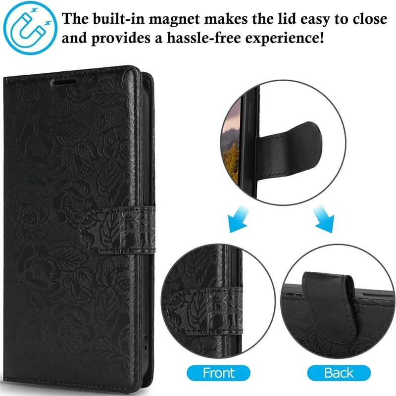 For iPhone 14 Pro Case with Hand Strap Flower Imprint Leather Wallet Phone Cover - Black