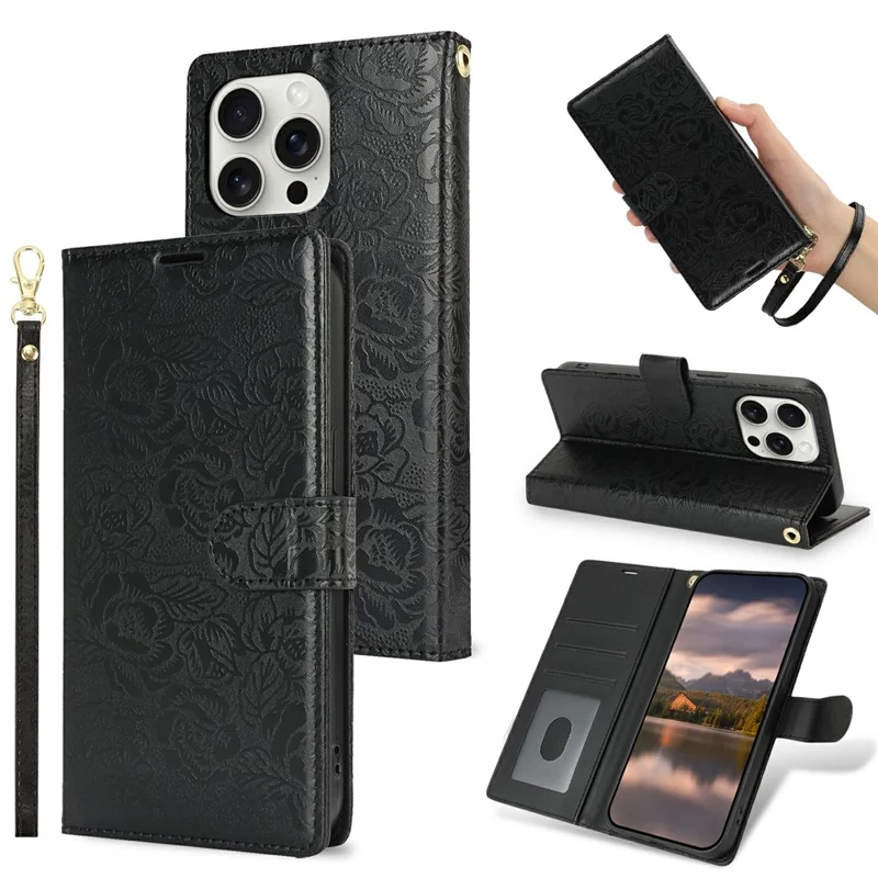For iPhone 14 Pro Case with Hand Strap Flower Imprint Leather Wallet Phone Cover - Black
