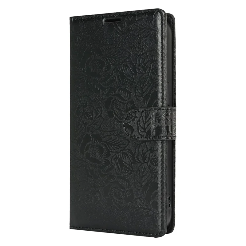 For iPhone 14 Pro Case with Hand Strap Flower Imprint Leather Wallet Phone Cover - Black