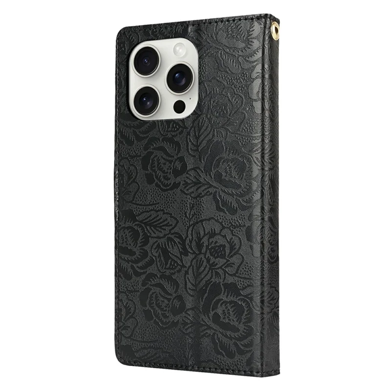 For iPhone 14 Pro Case with Hand Strap Flower Imprint Leather Wallet Phone Cover - Black
