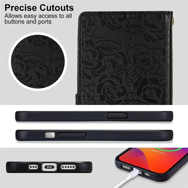 For iPhone 14 Pro Case with Hand Strap Flower Imprint Leather Wallet Phone Cover - Black