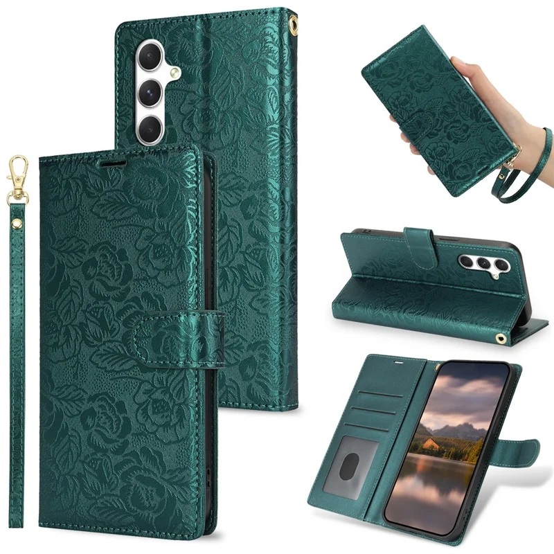 For Samsung Galaxy S25+ Case with Hand Strap Flower Imprint Leather Wallet Phone Cover - Green