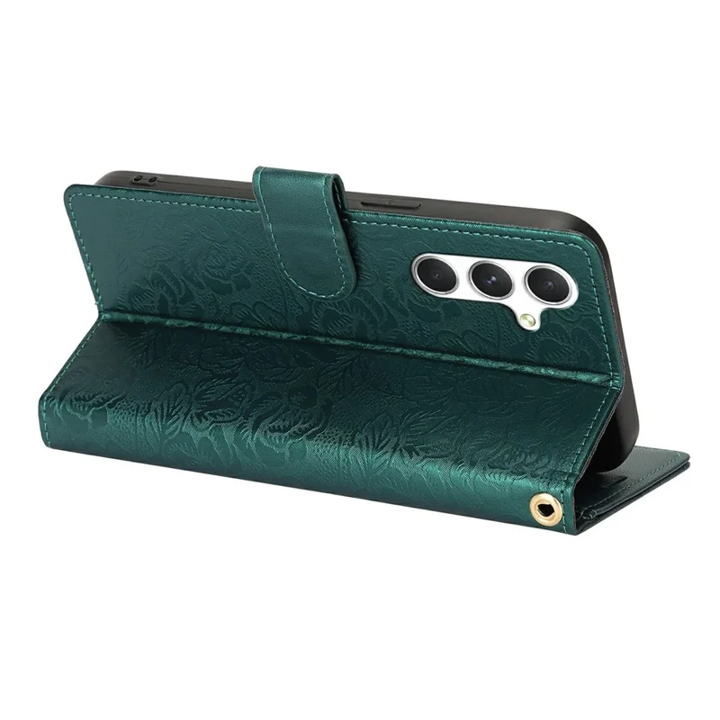 For Samsung Galaxy S25+ Case with Hand Strap Flower Imprint Leather Wallet Phone Cover - Green