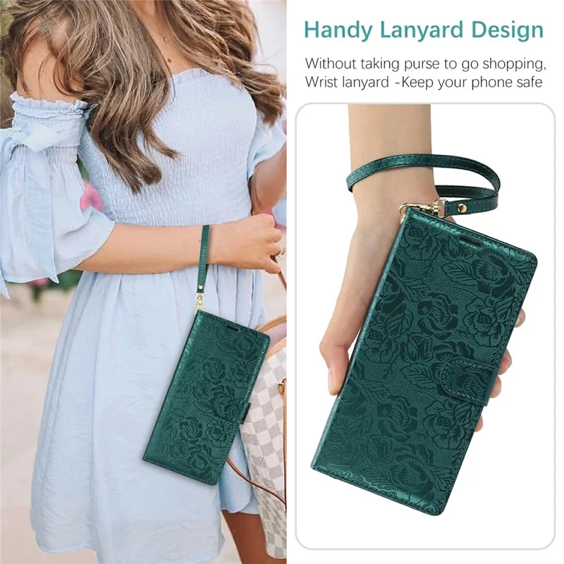 For Samsung Galaxy S25+ Case with Hand Strap Flower Imprint Leather Wallet Phone Cover - Green